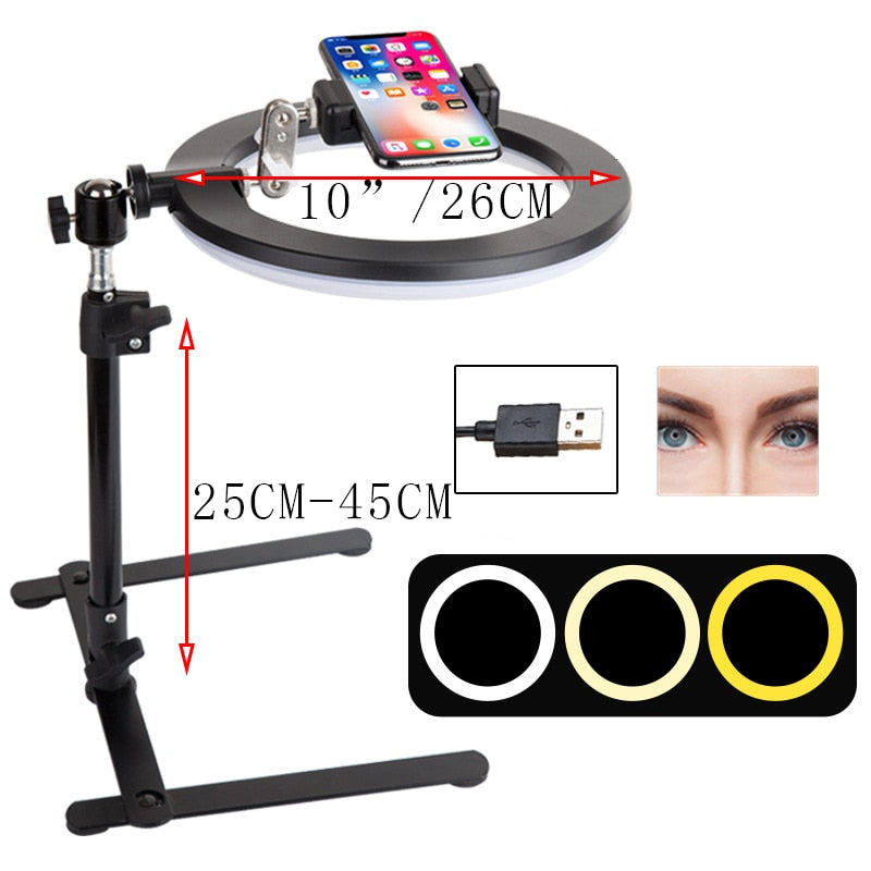 Desktop LED Selfie Ring Light with Phone Holder & Tripod Stand - Overhead Overhead Shooting & Live Broadcast Lamp
