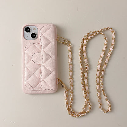Luxury Quilted Leather Wallet Phone Case with Crossbody Chain & Card Holder for iPhone 16 15 14 13 Pro Max