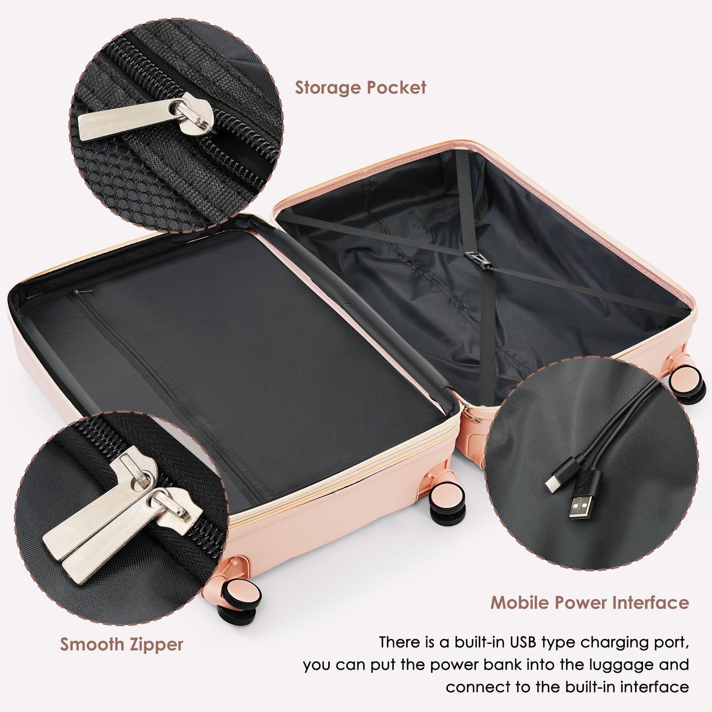 20-Inch ABS Hardshell Carry-on Suitcase with USB Charging Port & Cup Holder - Pink