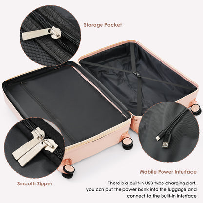 20-Inch ABS Hardshell Carry-on Suitcase with USB Charging Port & Cup Holder - Pink