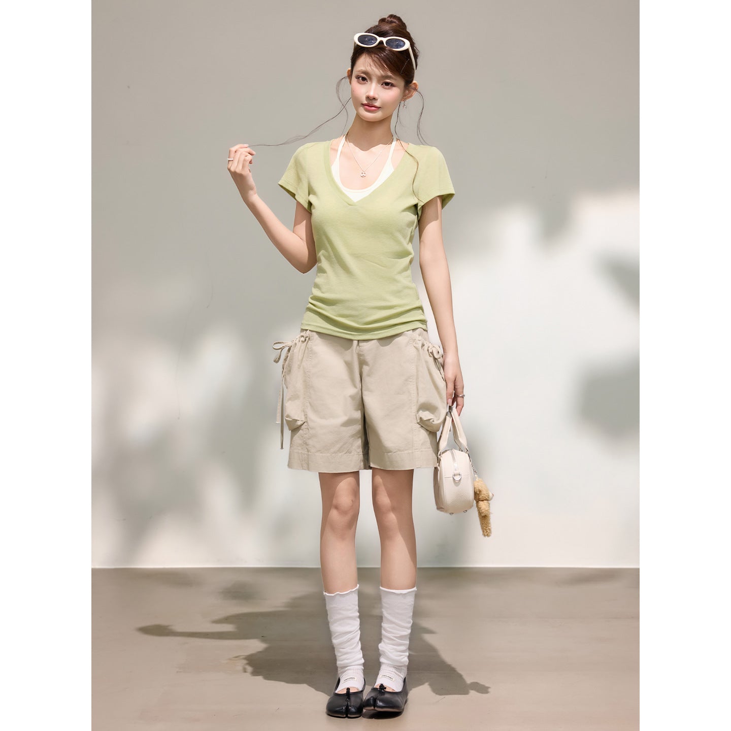 Women's Green V-Neck T-Shirt with U-Neck Halter Bralette Tank Top Set