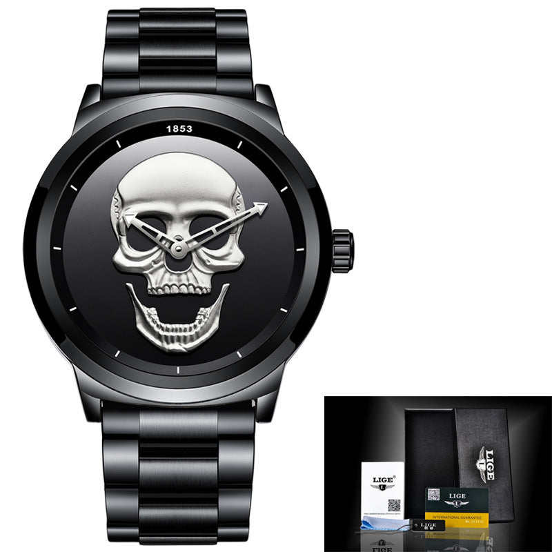 LIGE Men's Creative 3D Skull Watch - Punk Style Stainless Steel Quartz Wristwatch
