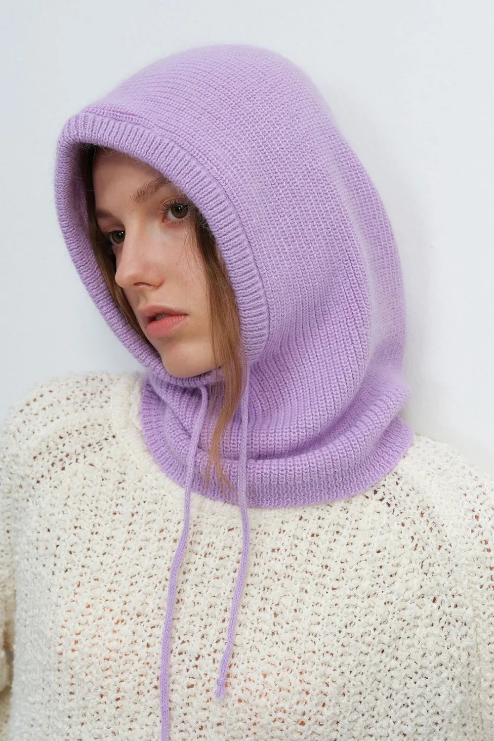 Drawstring Solid Thermal Knit Balaclava Hood | Winter Neck Warmer Hat