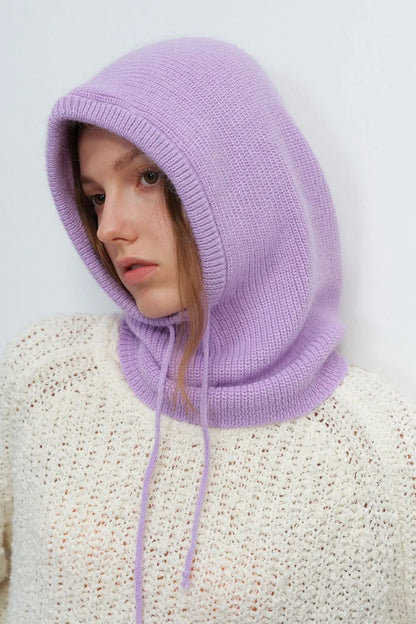 Drawstring Solid Thermal Knit Balaclava Hood | Winter Neck Warmer Hat