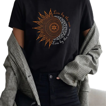 Women's Celestial Sun and Moon Printed Round Neck Casual Tee