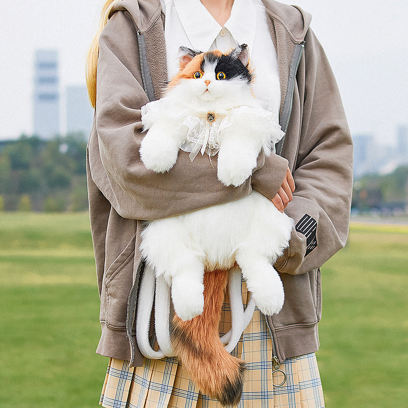 Unique Calico Cat Plush Backpack - Cute Functional Stuffed Animal Bag