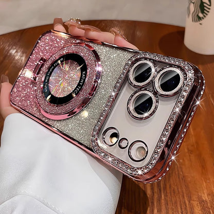 Crystal Glitter Magnetic Phone Case - Bling Stand Cover with Lens Protector for iPhone