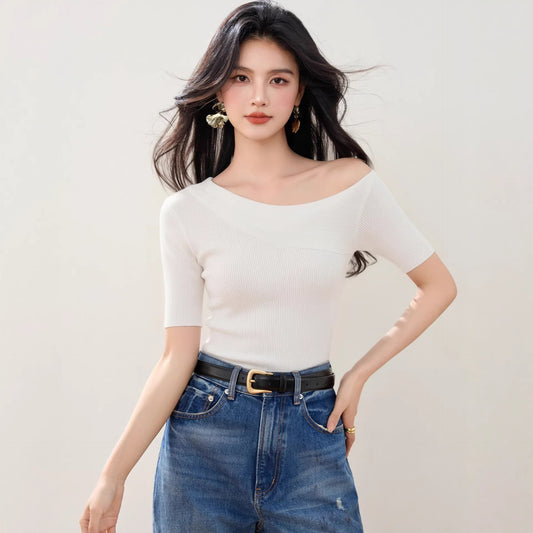 Off-Shoulder Waist Cinched Mid Sleeve T-Shirt - Summer High-End Top