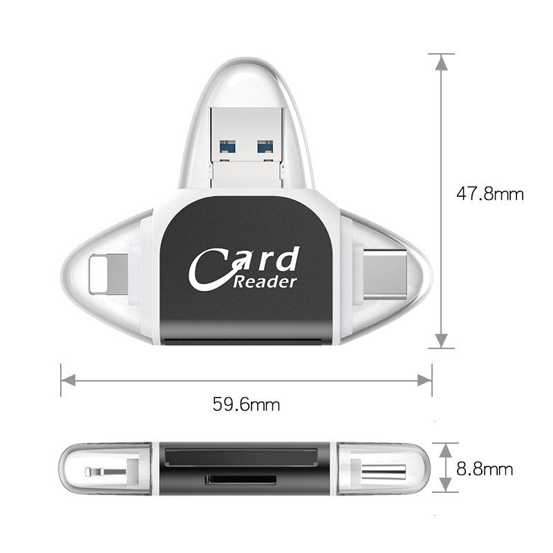 4-in-1 Plug and Play SD/TF Memory Card Reader - Multi-Port OTG Adapter for iPhone, Android & PC