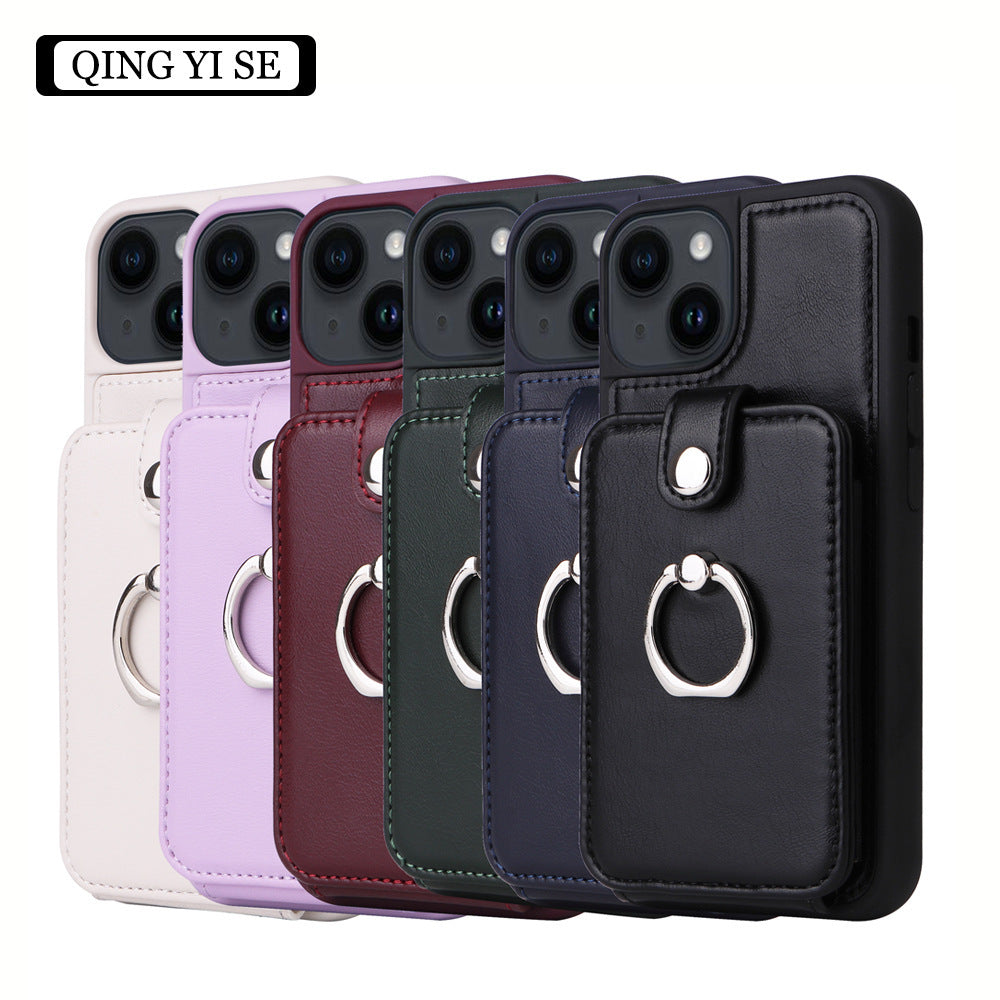 Multi Card Slot Leather Wallet Case with Metal Ring Stand - Shockproof Back Cover for iPhone