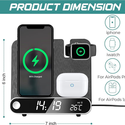 4-in-1 15W Fast Wireless Charging Station - Multifunctional Desk Clock with Phone, Watch & Earphone Charger