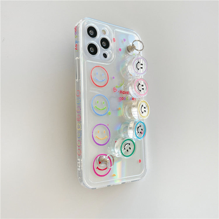 Transparent Colorful Smiley Face Phone Case with Bead Wrist Chain Bracelet for iPhone 16 15 14 13 Pro Max - Clear Soft Cover