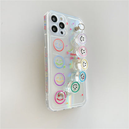 Transparent Colorful Smiley Face Phone Case with Bead Wrist Chain Bracelet for iPhone 16 15 14 13 Pro Max - Clear Soft Cover