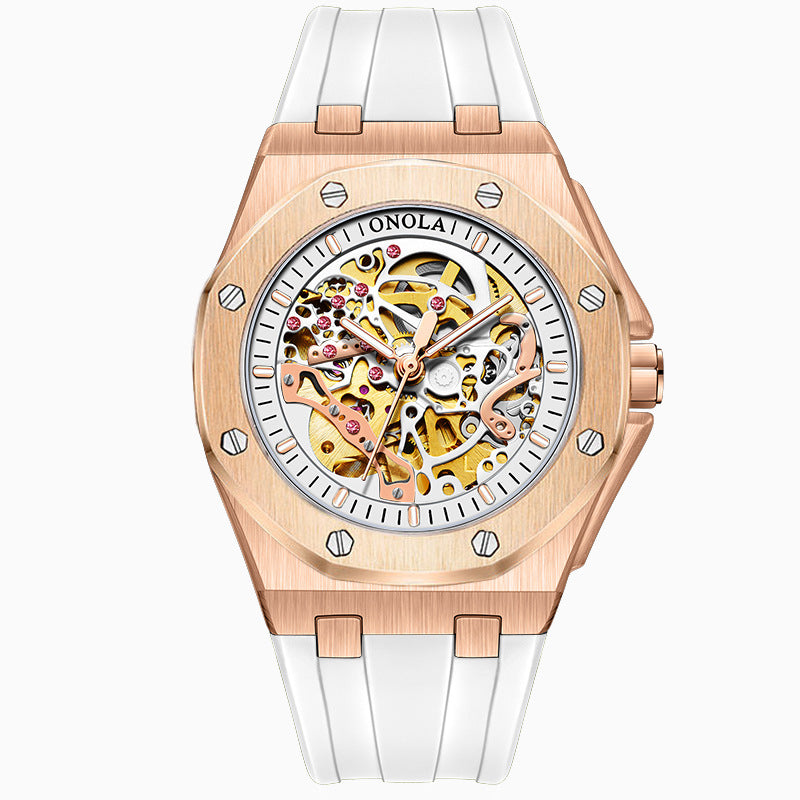 Fashionable Rose Gold Men's Watch - Premium Mechanical Timepiece with Silicone Strap