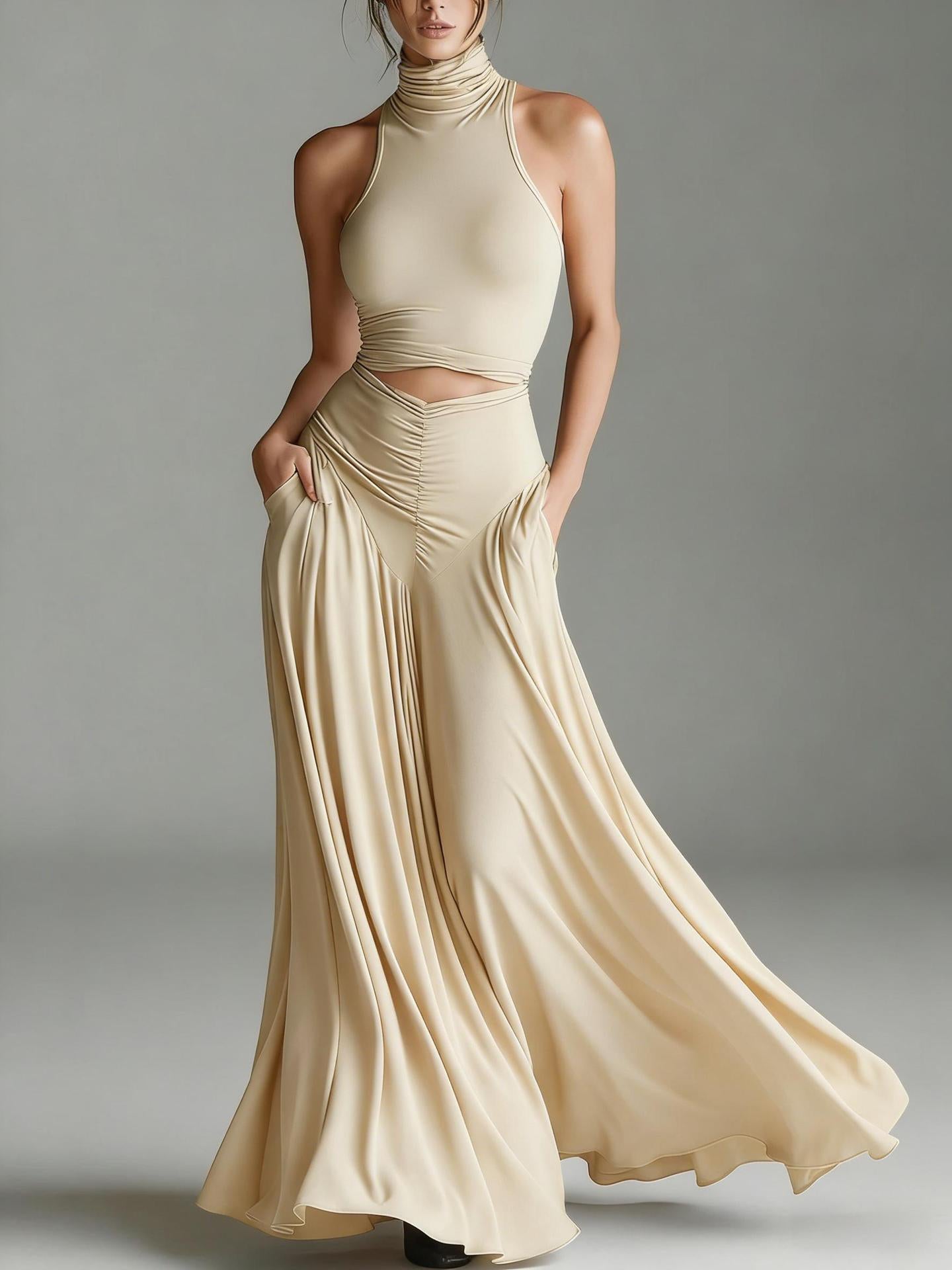 Chic Solid Color Two-Piece Dress Set - High Waist Ruched Long Skirt Outfit