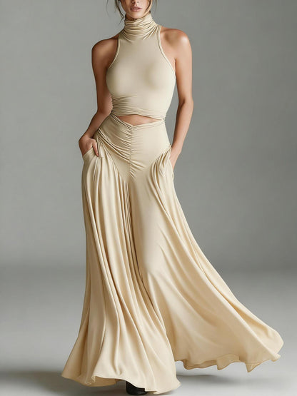 Chic Solid Color Two-Piece Dress Set - High Waist Ruched Long Skirt Outfit