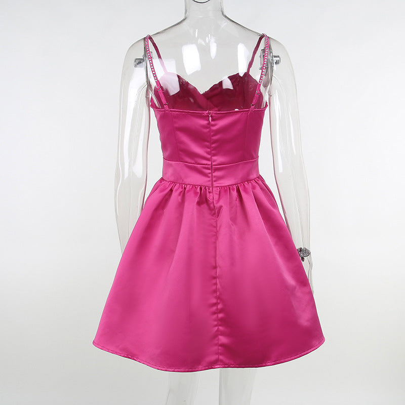 Glamorous Hot Pink Diamond Chain Strap Dress - Elegant Satin Party Mini Gown