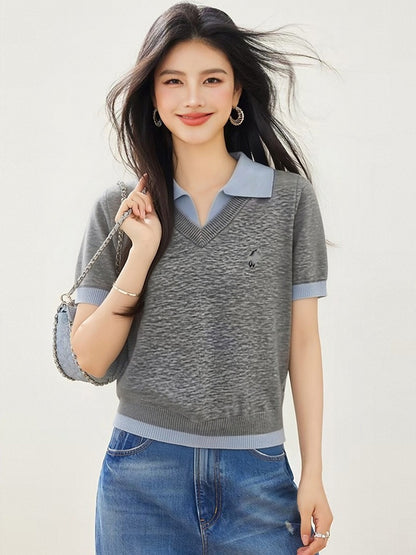 White Polo Neck False Two-Piece Short Sleeve Knit Top for Women