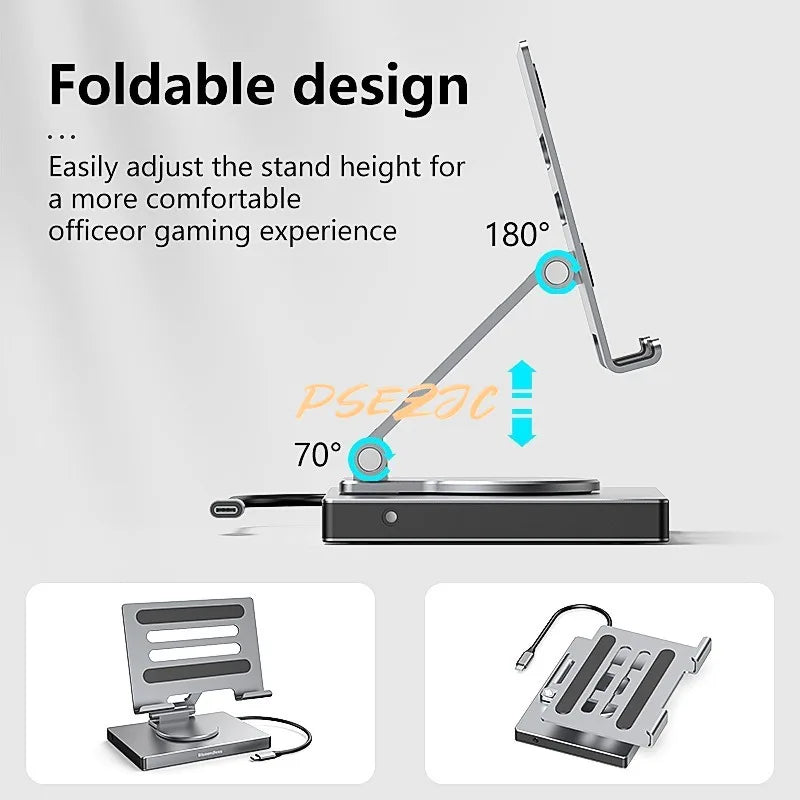 9-in-1 Type-C Docking Station - 4K/60Hz USB 3.0 Hub with Gigabit Ethernet & 360° Rotary iPad Holder Stand