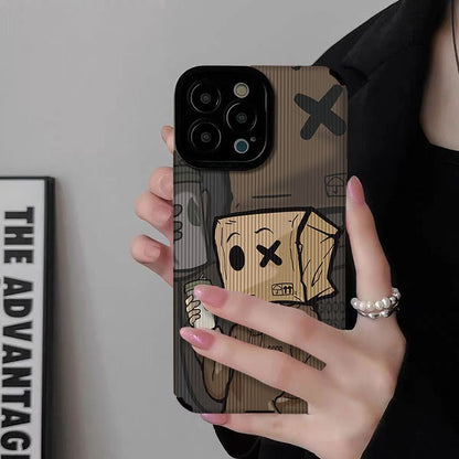 Funny Cardboard Box Head Social Anxiety Cartoon Phone Case for iPhone 15 14 13 12 11 Pro Max - Soft TPU Cover
