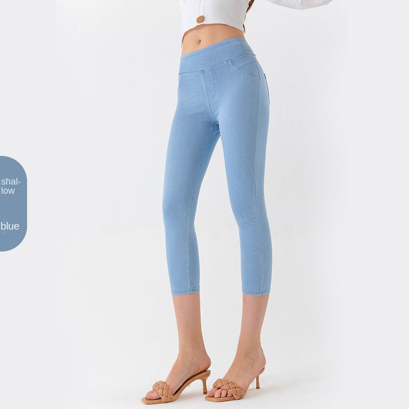 Slim Fit Denim-Style Capri Leggings - Casual High Stretch Yoga Trousers for Women