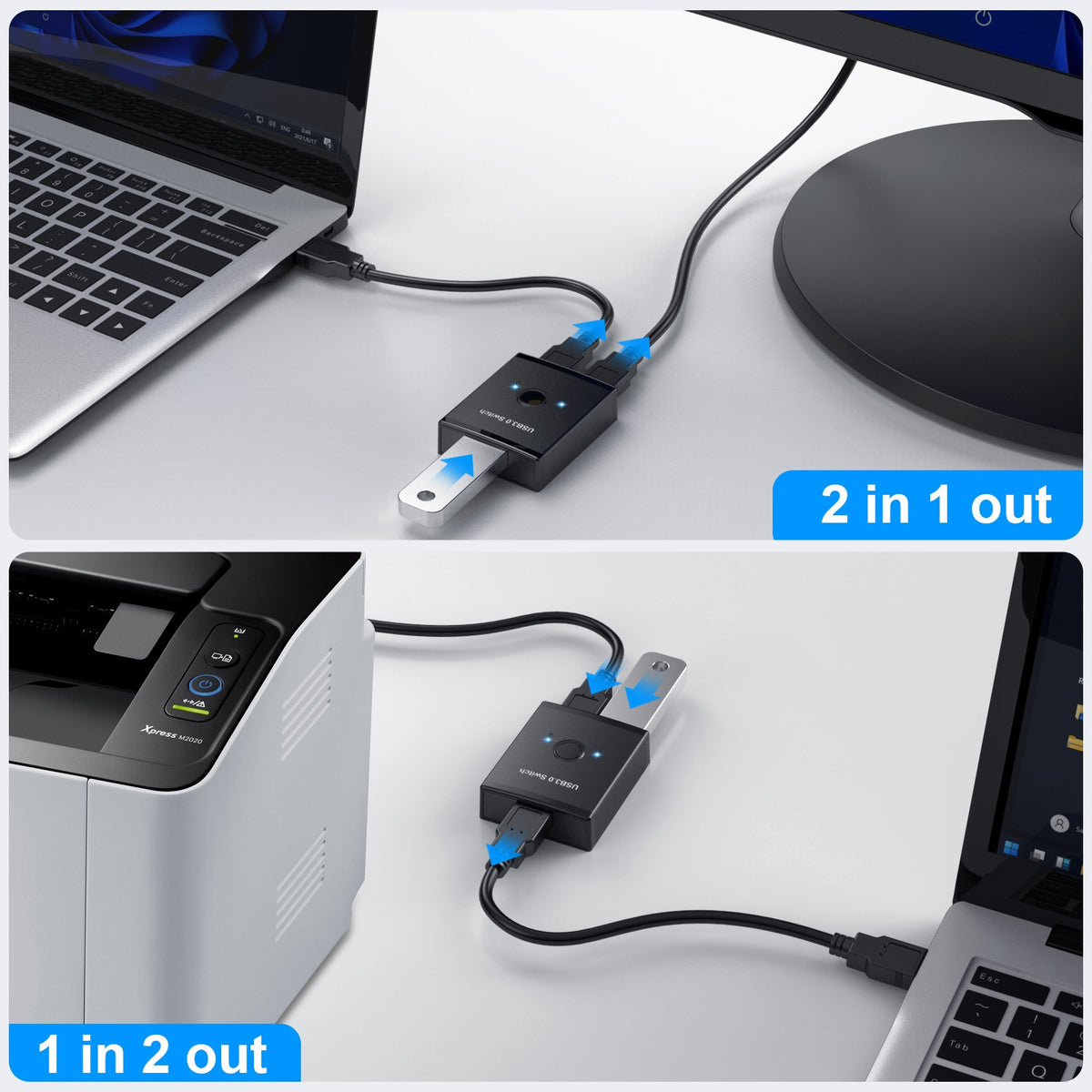 USB 3.0 Sharing Switch Box - 2-in-1-Out / 1-in-2-Out Peripheral and Printer Sharer