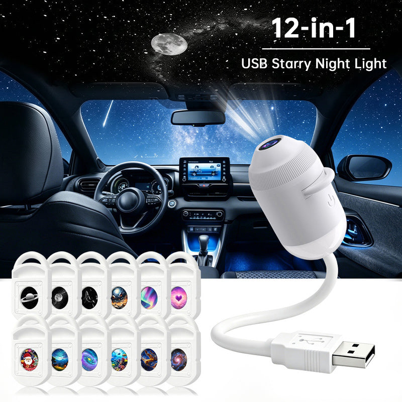 24-in-1 USB Galaxy & Starry Night Light Projector - Flexible LED Ambient Light for Car & Bedroom
