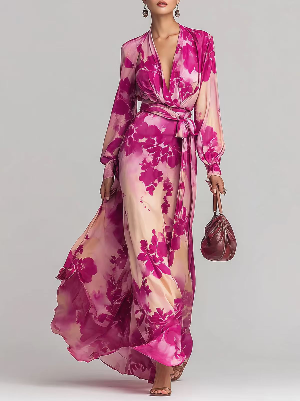 Women's Printed Chiffon V-Neck Maxi Dress - Elegant Long Sleeve Tie-Up Gown
