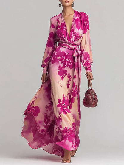 Women's Printed Chiffon V-Neck Maxi Dress - Elegant Long Sleeve Tie-Up Gown