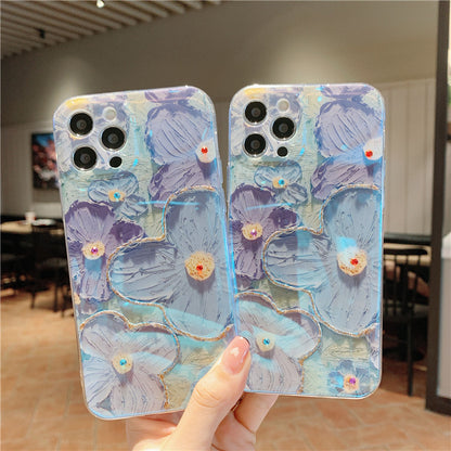 3D Oil Painting Purple Blue Floral Phone Case with Rhinestones for iPhone 16 15 14 13 Pro Max - Aesthetic Flower Cover