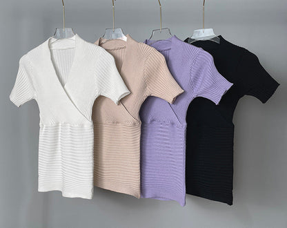 Chic V-Neck Ribbed Knit Short Sleeve Wrap Top