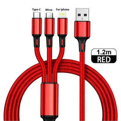 Universal 3-in-1 Charging Cable - 1.2M Multi-Device Fast Charger Cord for iPhone & Android