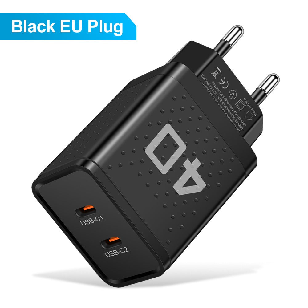 Dual Port Type-C Fast Charging Adapter - 40W Portable Travel Wall Charger
