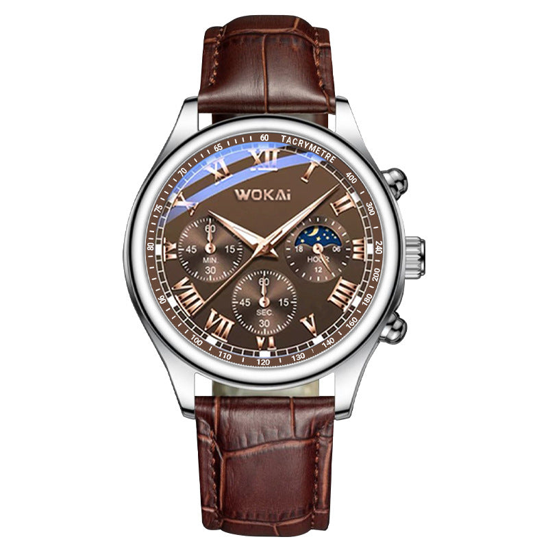 Luxury Men's Business Quartz Chronograph Watch with Brown Leather Strap