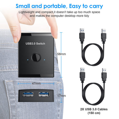 USB 3.0 Sharing Switch Box - 2-in-1-Out / 1-in-2-Out Peripheral and Printer Sharer