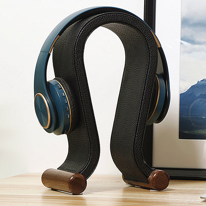 Walnut Wood U-Shaped Headphone Stand - Leather & Wood Headset Holder Display Rack