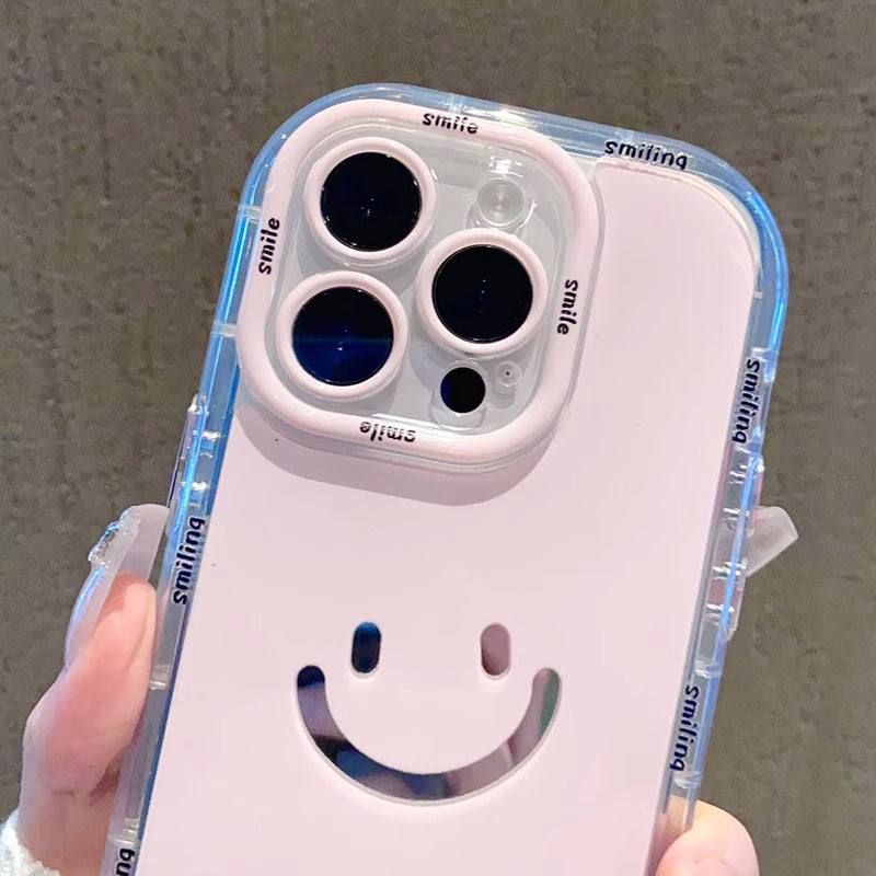 Cute Painted Smiling Face Mirror Phone Case - Cream Glossy Protective Cover for iPhone
