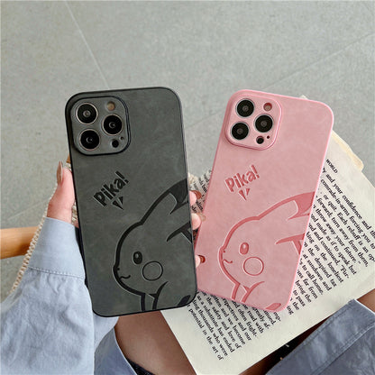 Cute Pikachu Embossed Leather Phone Case for iPhone 16 15 14 13 12 Pro Max - Soft Matte Cover