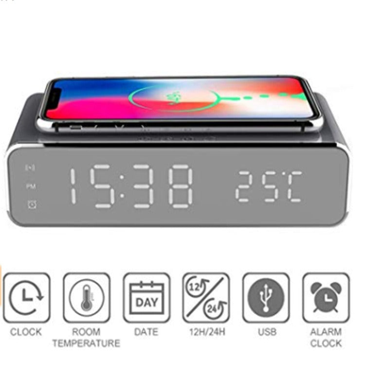 Qi Wireless Charging Pad & Digital Alarm Clock - Bedside Desk Clock with Thermometer