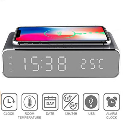 Qi Wireless Charging Pad & Digital Alarm Clock - Bedside Desk Clock with Thermometer