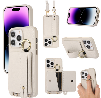 Leather Card Holder Phone Case with Wrist Strap & Stand - Multifunctional Wallet Cover for iPhone