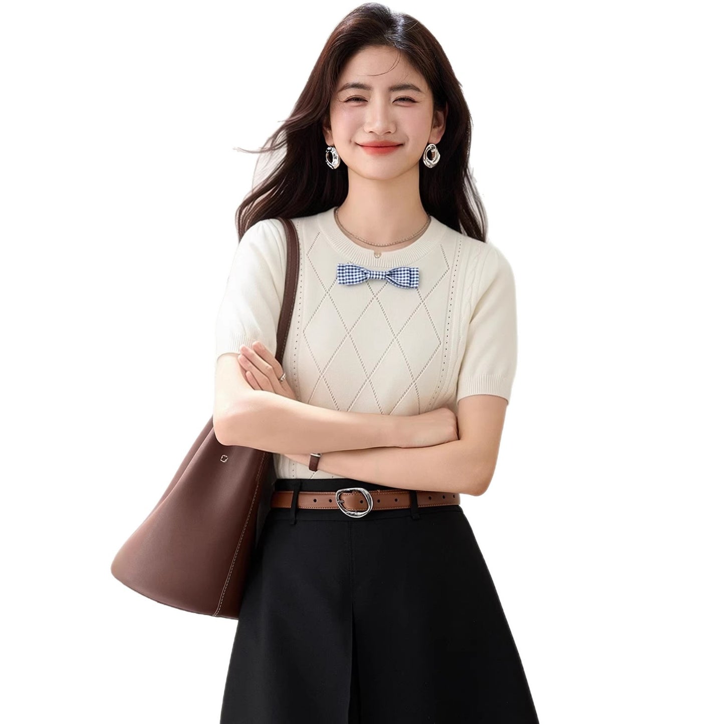 Elegant Bow Tie Knitwear - Regular Shoulder Fitted Top for Women