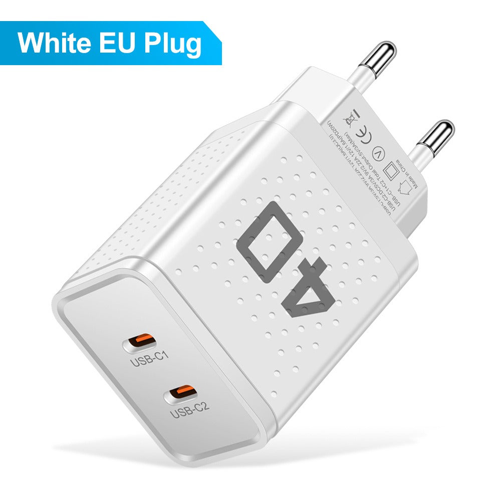 Dual Port Type-C Fast Charging Adapter - 40W Portable Travel Wall Charger