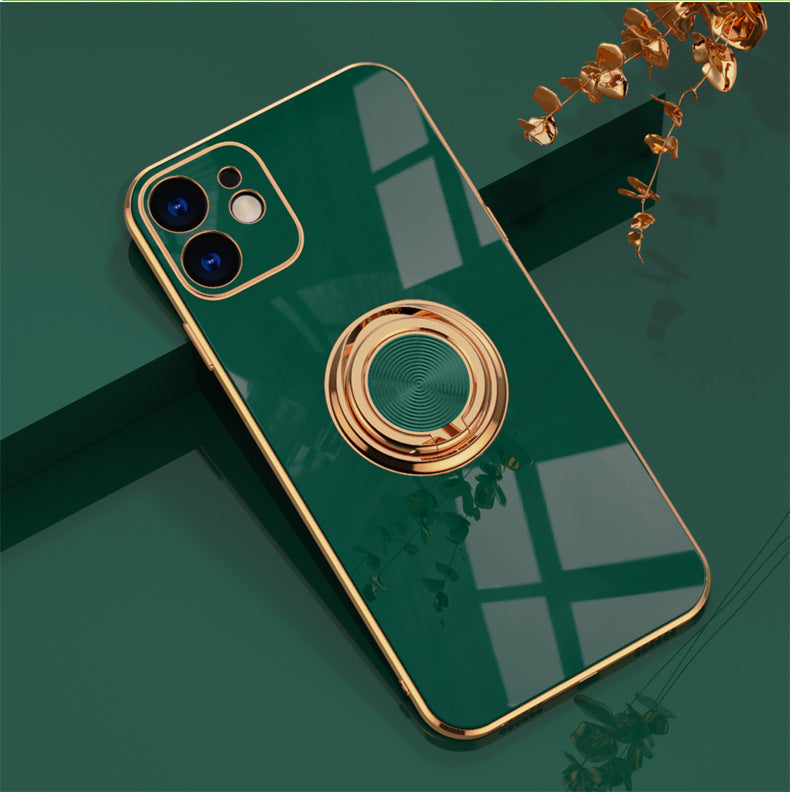 Luxury Plating Ring Holder Case for iPhone 14 13 12 - Magnetic Car Mount Kickstand Soft Silicone Cover