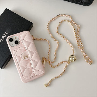 Luxury Quilted Leather Wallet Phone Case with Crossbody Chain & Card Holder for iPhone 16 15 14 13 Pro Max