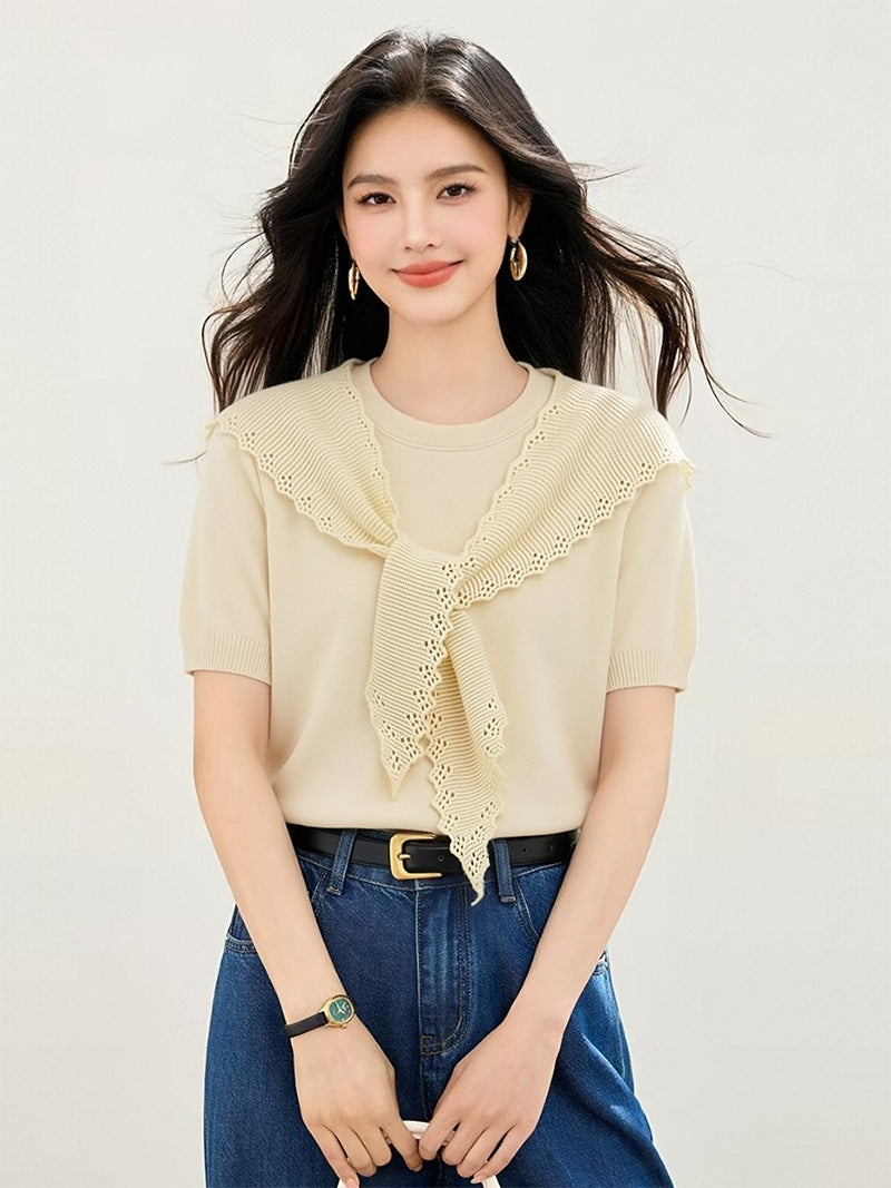 Elegant Ice Silk Short Sleeve Knitted Top - Everyday Casual Wear for Women