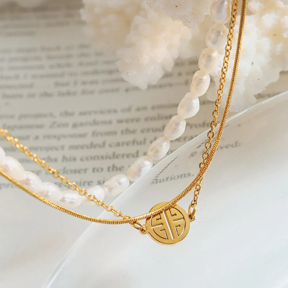 Titanium Steel Three-Layered Pearl Bracelet with Lucky Coin Charm