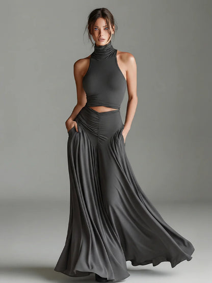 Chic Solid Color Two-Piece Dress Set - High Waist Ruched Long Skirt Outfit