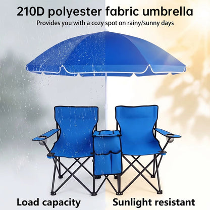 Double Camping Loveseat Chair with Umbrella - Folding Outdoor Beach Chair Set with Cooler & Side Table