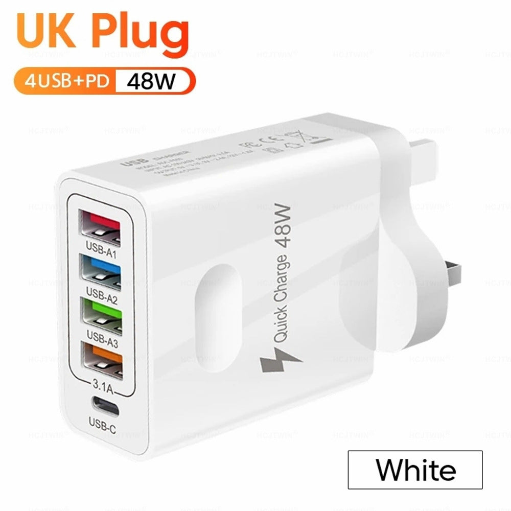 48W 5-in-1 Multi-Port Wall Charger - 4 USB & PD Fast Charging Adapter